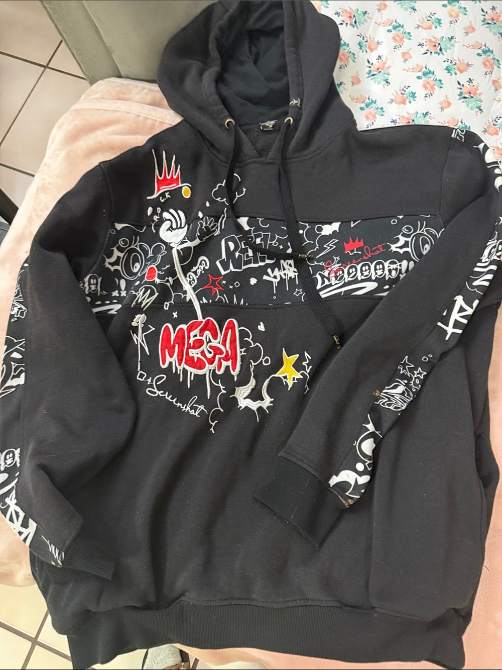 Black Graphic Hoodie with Red Script Detail